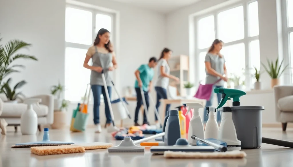 Efficient cleaning service team organizes tools while deep cleaning a bright, modern home.