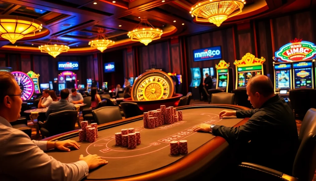 Experience high-stakes action at mm88.com with poker tables bustling with players and vibrant slot machines.