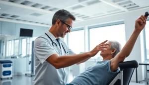 Engaging scene of Health in Motion Rehabilitation showcasing a therapist guiding a patient through recovery exercises.