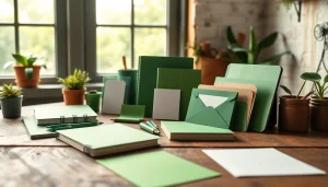 Showcase of green stationery products on a rustic desk highlighting eco-friendly materials.
