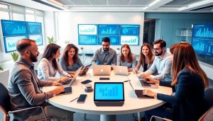 Engaged team discussing Technology Companies in a modern office environment.