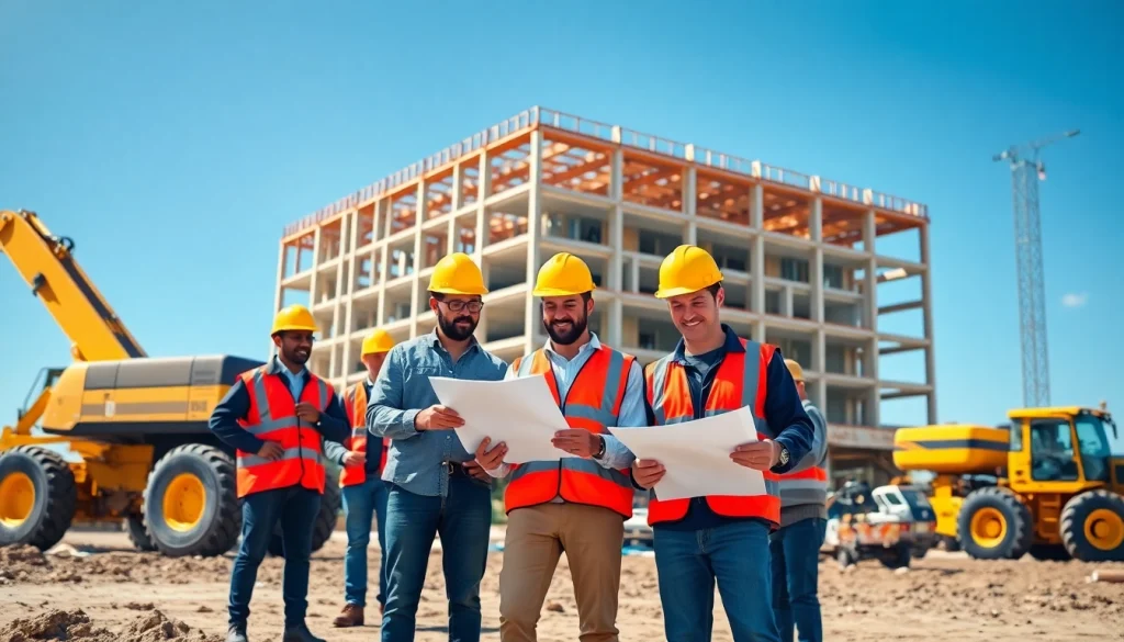 New Jersey Commercial General Contractor consulting on plans at a bustling construction site