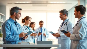 Explore medical terminologies with professionals collaborating in a modern healthcare setting.