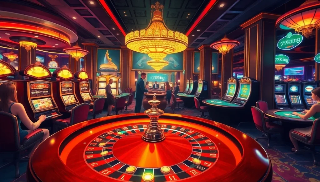 Experience the thrill of winning at 79king's vibrant roulette table, surrounded by eager players and dazzling slot machines.