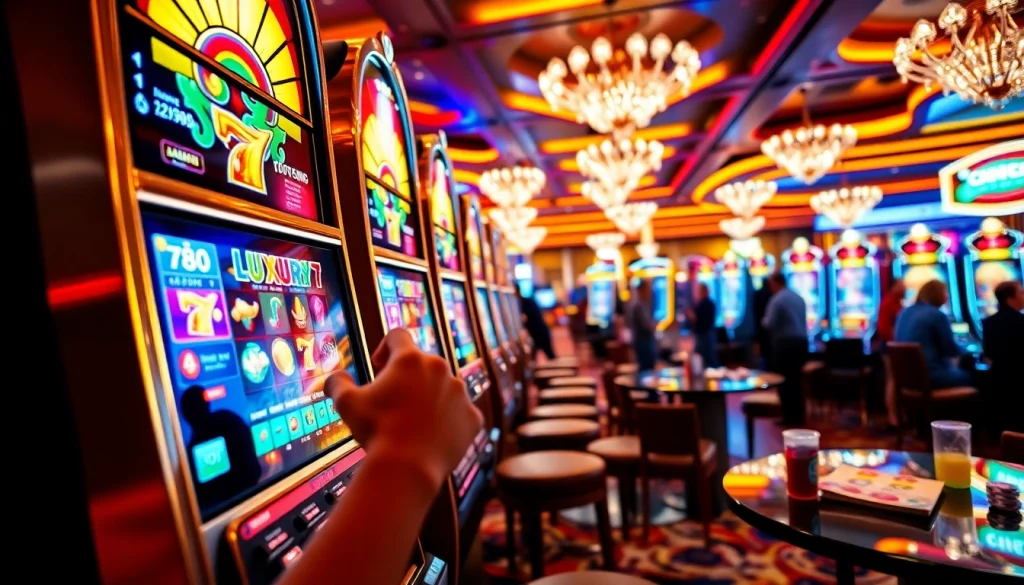 Menangkan di mesin luxury777 slot dengan suasana kasino yang ceria dan penuh cahaya.