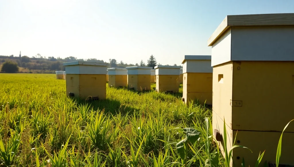 Las colmenas de plástico bien organizadas en un agradable apiario bajo la luz del sol.