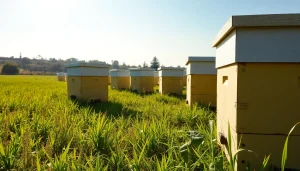 Las colmenas de plástico bien organizadas en un agradable apiario bajo la luz del sol.