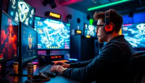 Masuk ke permainan hakim4d login game dengan gamer beraksi di ruang permainan yang energi
