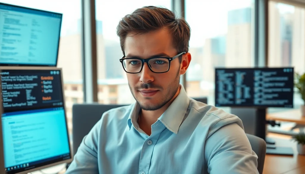 View of a professional translator working at https://www.elitetranslingo.com in a modern office setting.