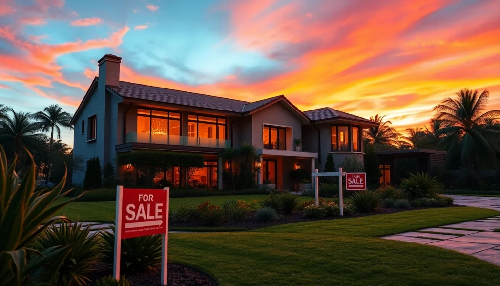 Explore Real Estate opportunities with a stunning modern home set against a vibrant sunset.
