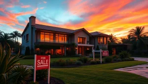 Explore Real Estate opportunities with a stunning modern home set against a vibrant sunset.