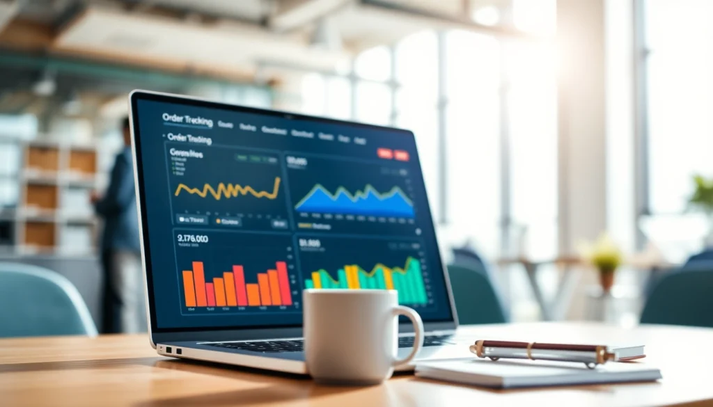 Visualize the functionality of order processing software in an engaging office setting with dynamic data analytics.