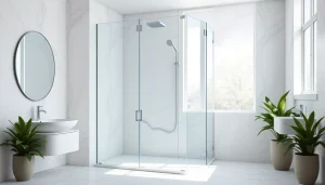 Admire paroi de douche moderne en verre élégante dans une salle de bains raffinée.