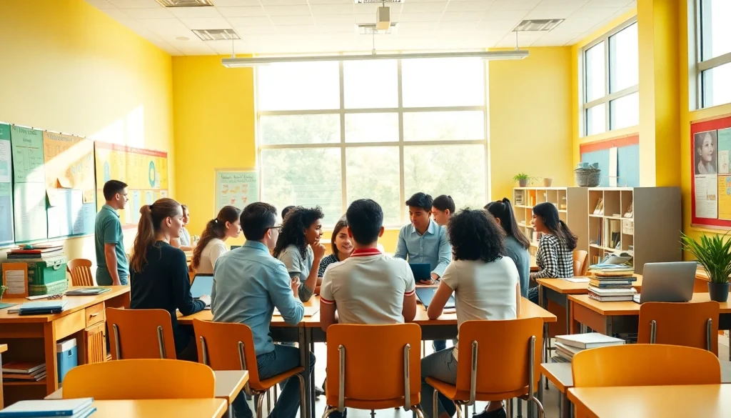 Education classroom filled with diverse students collaborating on projects together.