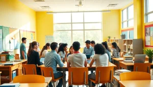 Education classroom filled with diverse students collaborating on projects together.