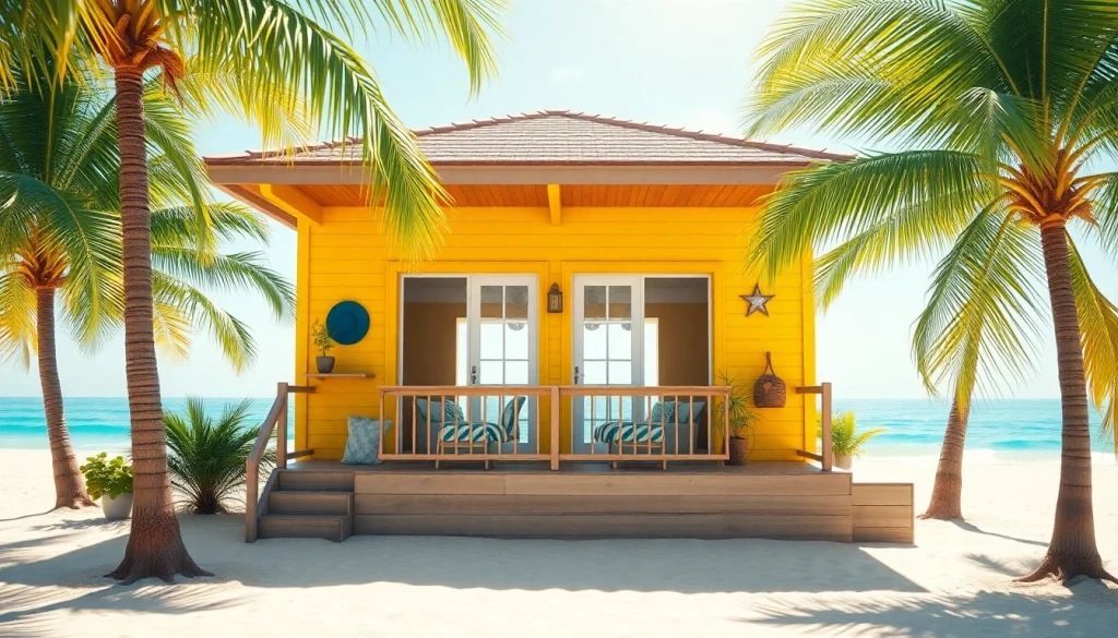 Enjoying a coastal cabana, a cheerful yellow house by the beach surrounded by palm trees.