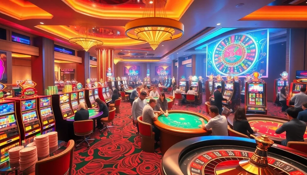 Experience the vibrant gambling world of KJC AC 1 with players enjoying casino tables and slot machines.