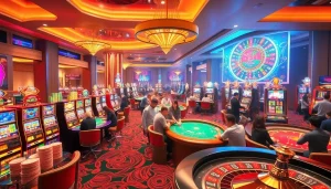 Experience the vibrant gambling world of KJC AC 1 with players enjoying casino tables and slot machines.
