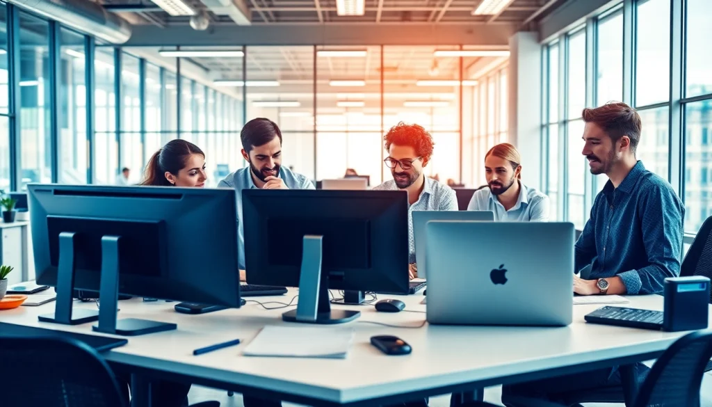 IT Helpdesk Solutions team member responding to clients in a bright, modern office.