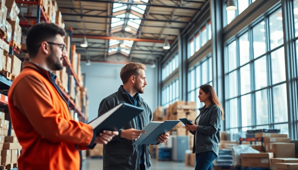 Efficient 3PL logistics team analyzing inventory in a modern warehouse environment.