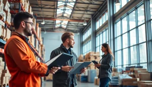 Efficient 3PL logistics team analyzing inventory in a modern warehouse environment.