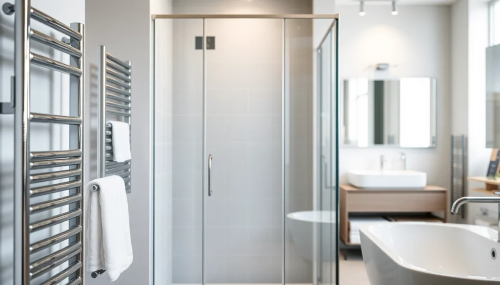 Entdecken Sie die modernen Badezimmerlösungen von sonni sanitär mit eleganten Duschkabinen und Heizkörpern.