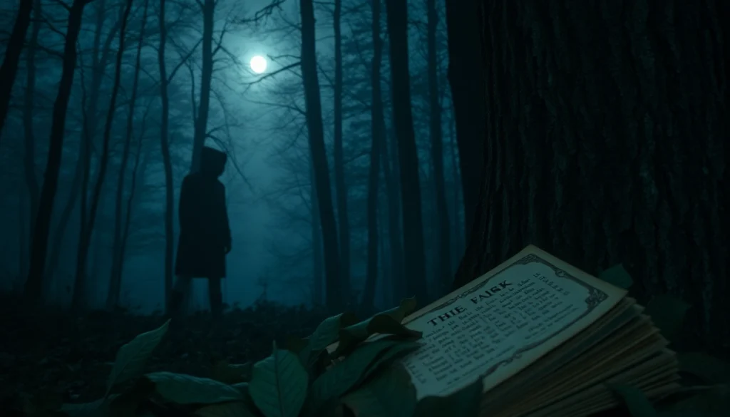 Engaging scene from a Thriller book with dramatic shadows and eerie forest background.