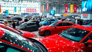 Showcase at Auto Cars Show featuring glossy new car models and enthusiastic visitors