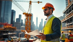 New York City Construction Manager supervising an active job site with cranes and scaffolding