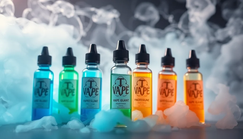 Verschiedene flüssige Aromen für E-Zigaretten in einem modernen Arrangement.