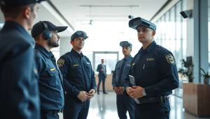 Security Company personnel providing vigilance and safety in a corporate setting with advanced technology.