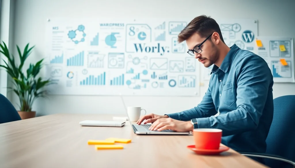 Showcasing a professional working with wordpress services in a modern office setting