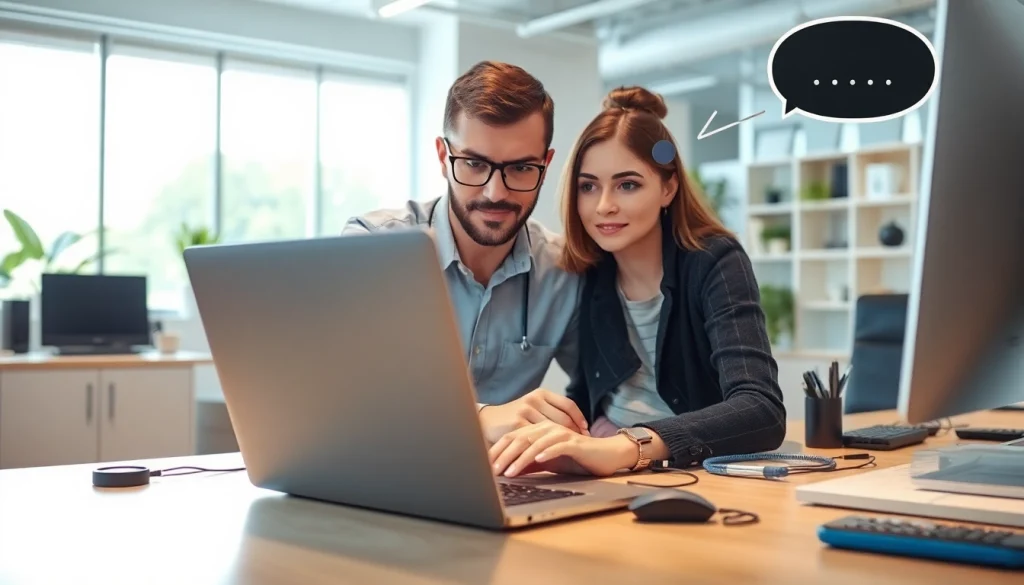 Technician providing expert computer help to a client in a modern office setting.