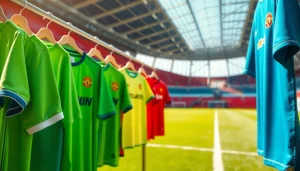 Shop quality cheap football kits with vibrant designs displayed on a sunny pitch.