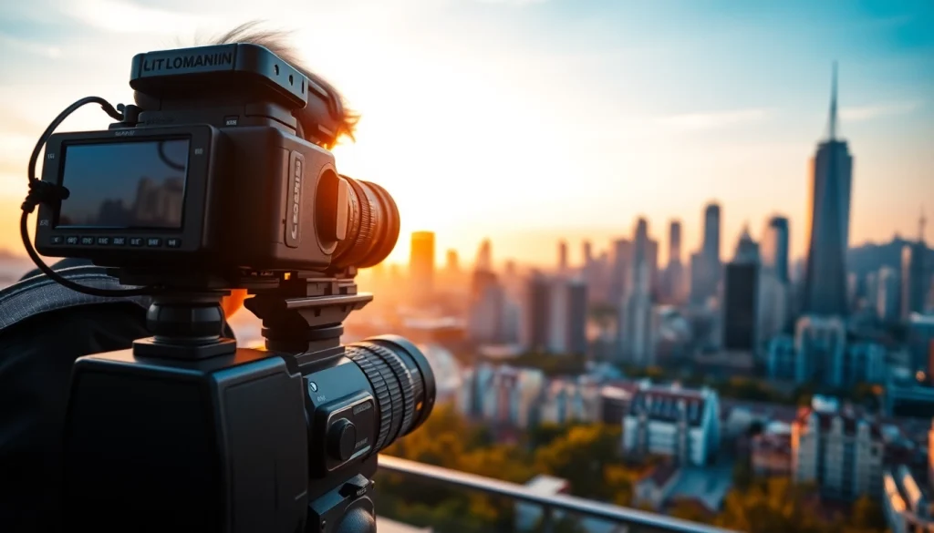 Capture engaging video content with a stylish camera highlighting video capture in a cityscape.