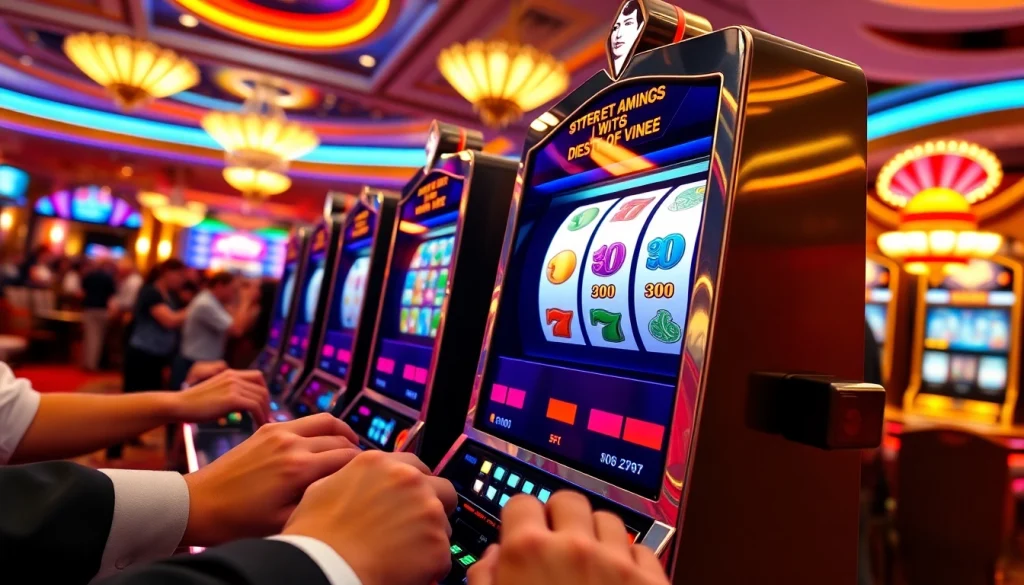 Menampilkan slot mesin dengan cahaya cerah dan pemain yang antusias di kasino.