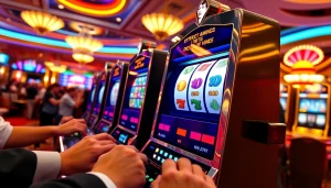 Menampilkan slot mesin dengan cahaya cerah dan pemain yang antusias di kasino.