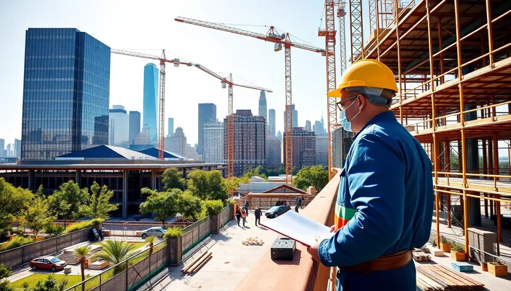 Manhattan Commercial General Contractor managing a vibrant construction site against the Manhattan skyline.