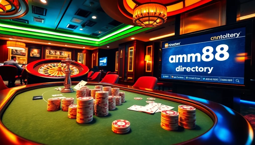 Discover the mm88 directory while players engage in thrilling casino games, surrounded by poker tables and roulette wheels.