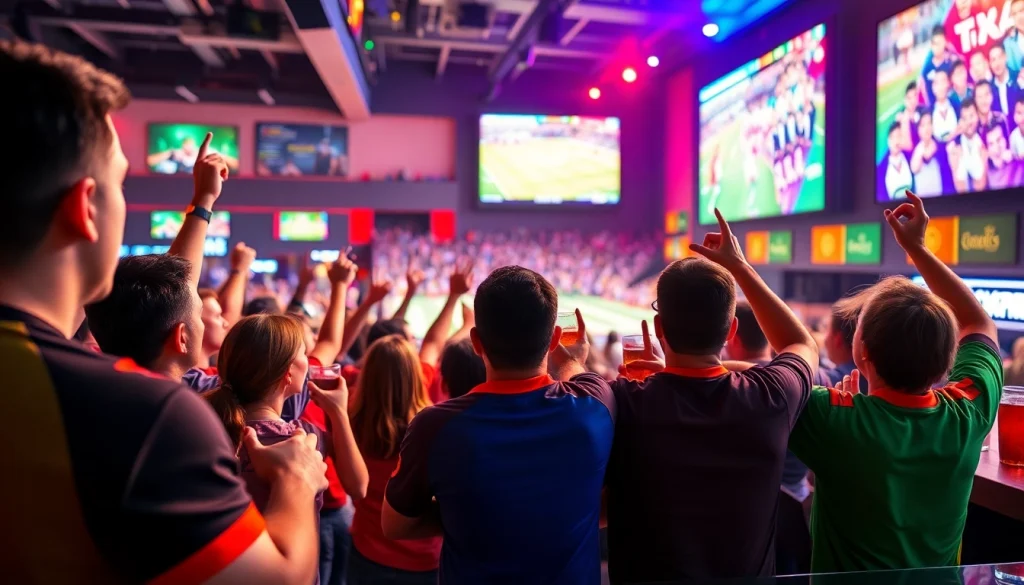 스포츠중계를 즐기는 팬들이 있는 생동감 넘치는 스포츠 바의 장면