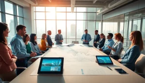 Real estate professionals discuss opportunities in international business real estate around a modern conference table.