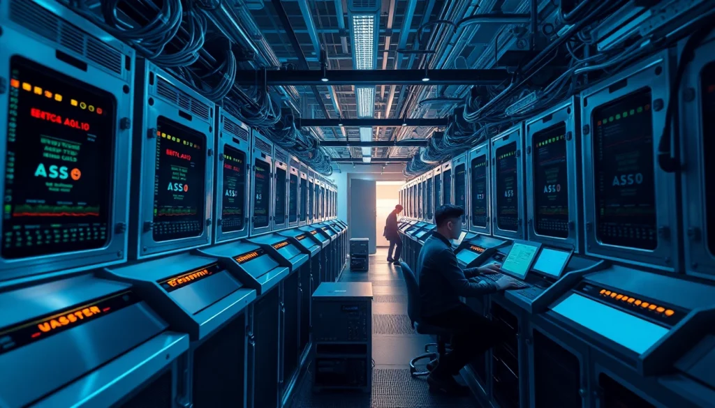 Crypto mining facility with advanced ASIC miners and digital screens illustrating real-time mining statistics.