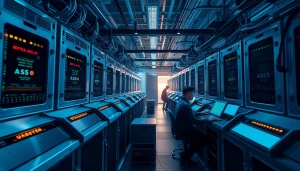 Crypto mining facility with advanced ASIC miners and digital screens illustrating real-time mining statistics.