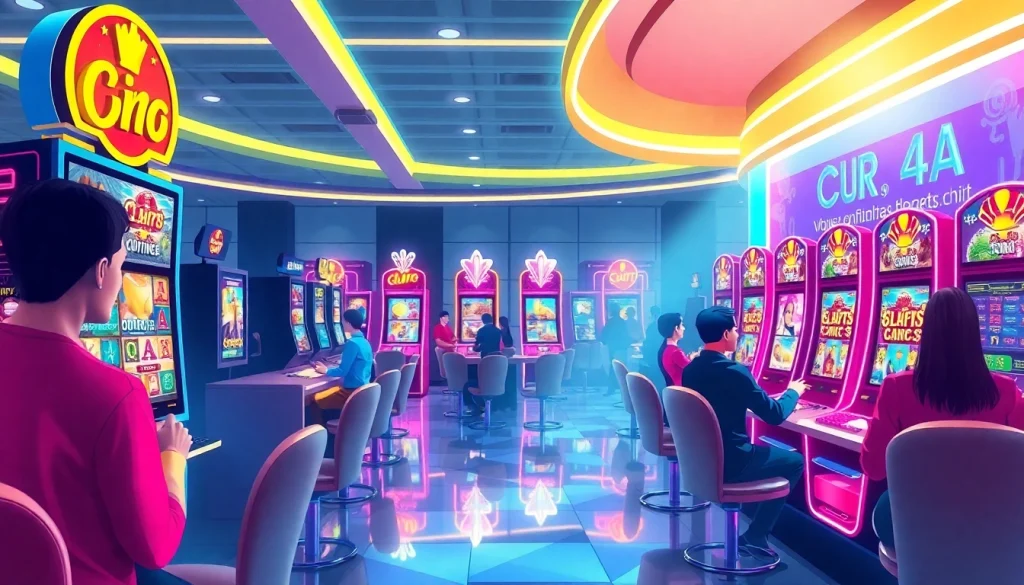 Menggambarkan bukti4d alternatif slot dalam suasana kasino online yang ramai dan berwarna.