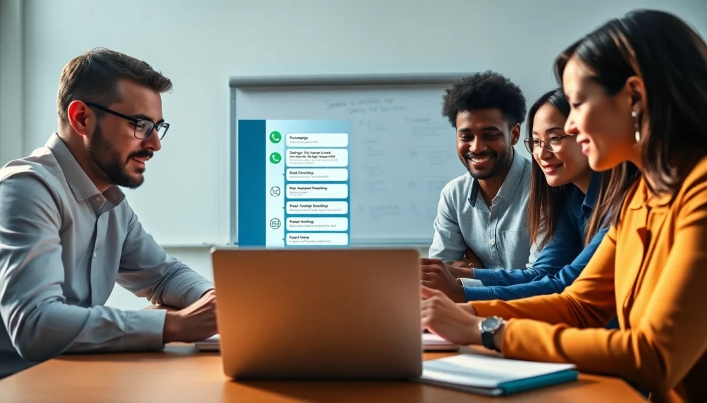 Illustrate a team brainstorming about whatsapp business api in a collaborative environment.