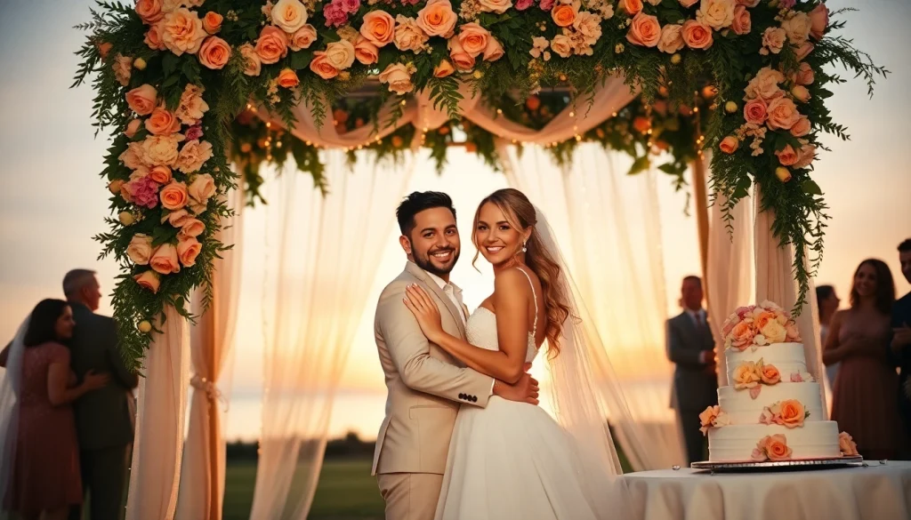 Joyful couple celebrating their love in tampa wedding photography with sunset backdrop.