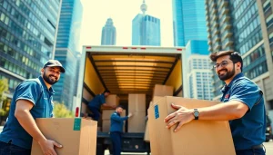Movers from a Toronto moving company loading a truck in a busy urban environment.