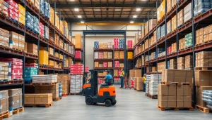Efficient warehousing operations with organized goods and a busy loading dock.