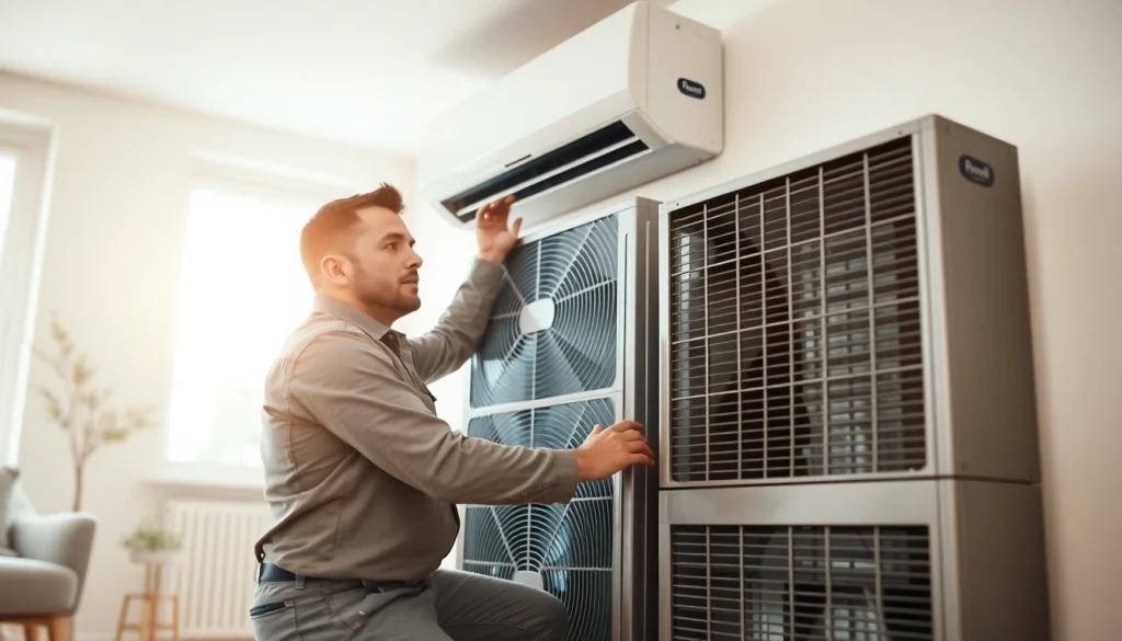 Technician servicing HVAC system from https://nobleheatingairservices.com for optimal home comfort.
