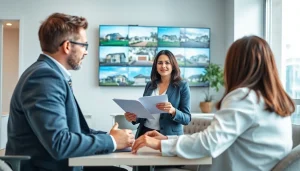 Showcasing a real estate agent guiding clients through property listings in a modern office.